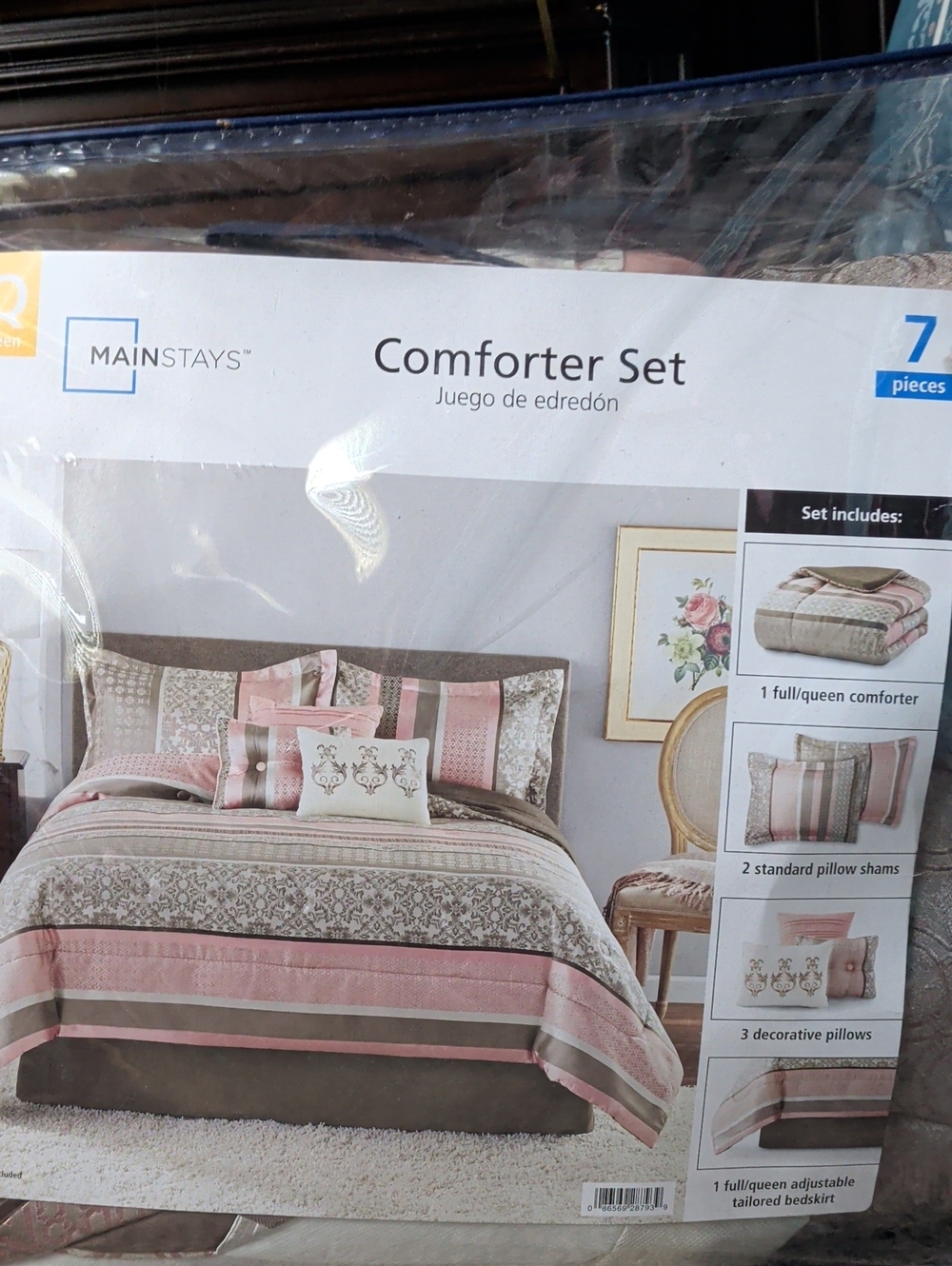 Mainstays Pink and Taupe Striped Floral Comforter Set